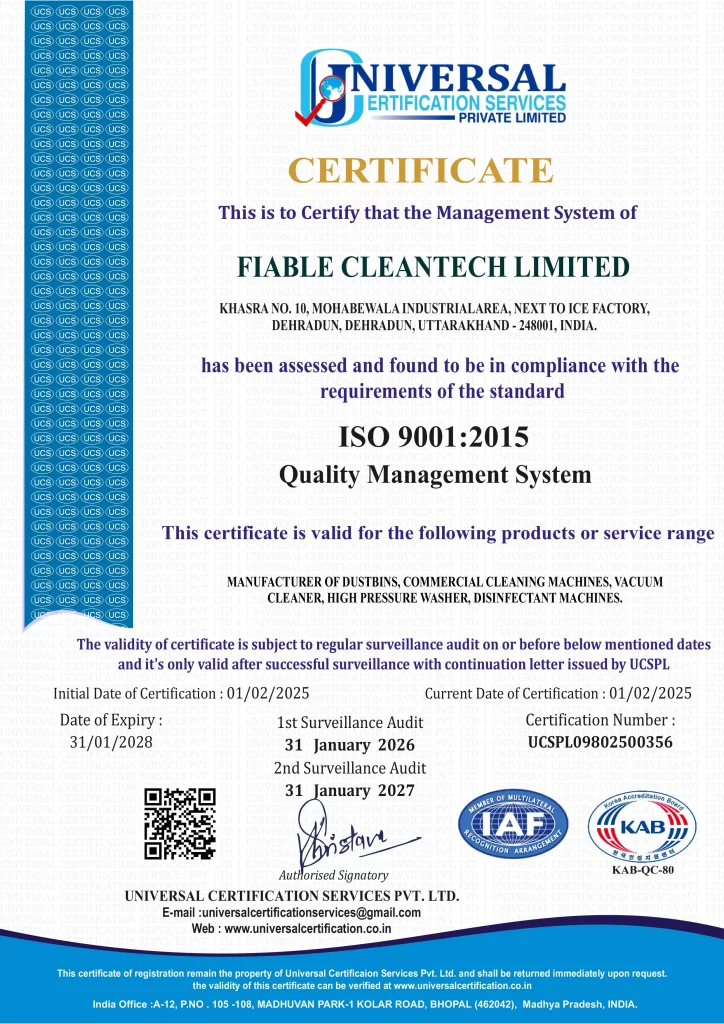 ISO 9001:2015 Quality Management System certificate issued to Fiable Cleantech Limited