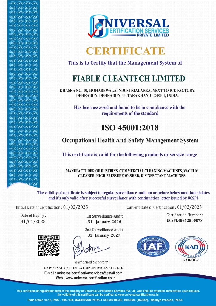 ISO 45001:2018 Occupational Health & Safety certificate issued to Fiable Cleantech Limited