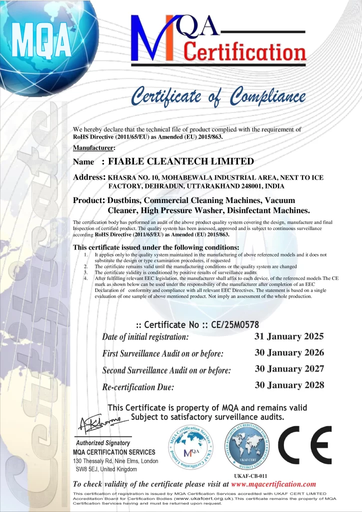 CE · RoHS 2011/65/EU Certificate of Compliance certificate issued to Fiable Cleantech Limited