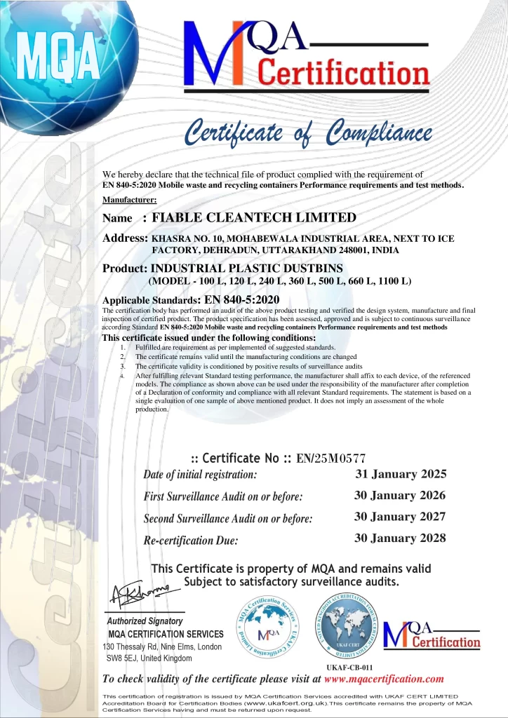 EN 840-5:2020 Mobile Waste & Recycling Containers certificate issued to Fiable Cleantech Limited