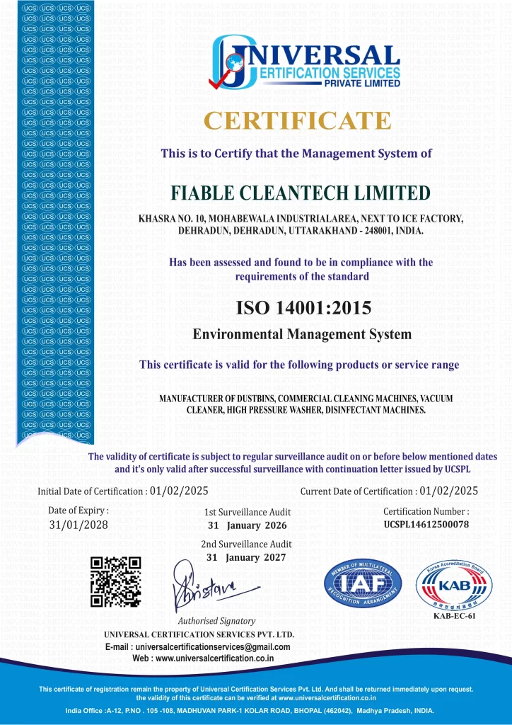 ISO 14001:2015 Environmental Management System certificate issued to Fiable Cleantech Limited